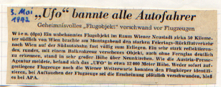 1972-05-Erster UFO-Bericht den ich als Anfang einer kleinen Zeitungsartikel-Sammlung aufnahm. Doch auch hier handelte es sich um einen Stratosphären-Ballon wie sich später herausstellte..