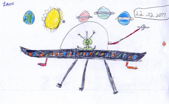 2011-02-dco-Bild-Beispiel von "gru00fcnen Alien" und nicht von "Grauen" welche in keiner Zeichnung vorkam. Die Aufgabenstellung an die Kinder war: Wie stelle ich mir ein UFO vor