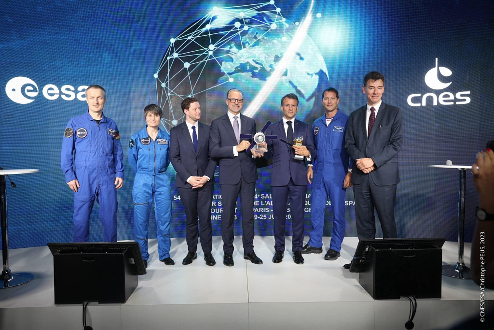 paris-air-show-2023---french-president-emmanuel-macron-visits-esa-cnes-pavilion-pillars