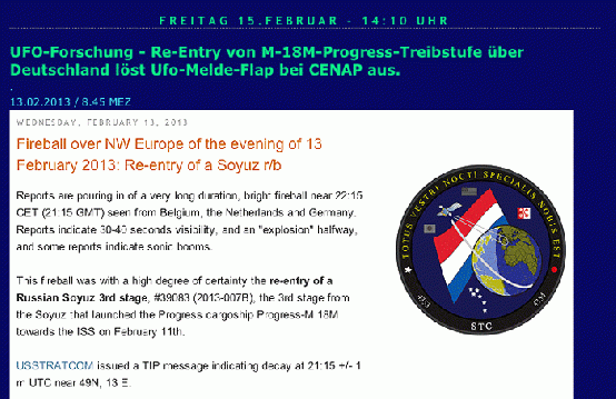 2013-02-raaa-Re-Entry von M-18M-Progress-Treibstufe lu00f6st UFO-Melde-Flap aus