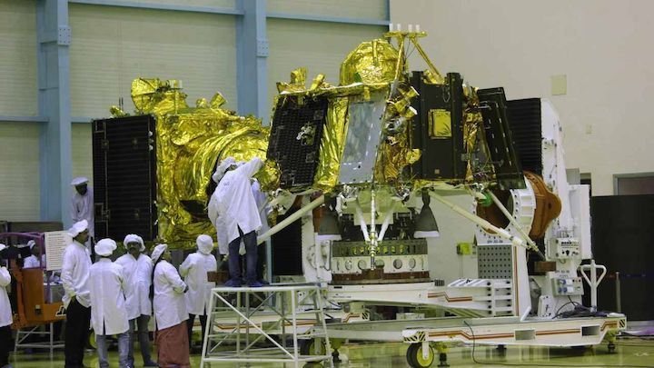 the-moon-lander-vikram-foreground-and-orbiter-background-of-the-cy-2-mission-in-a-clean-room-at-isro