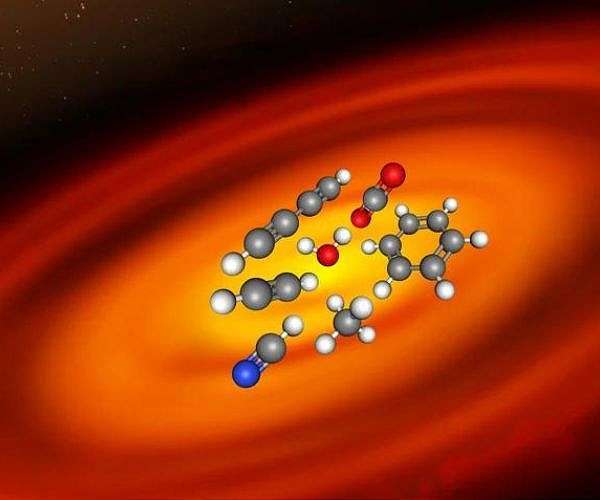 webb-planet-forming-disk-young-star-miri-spectrograph-hydro-carbon-benzene-carbon-dioxide-water-cyan